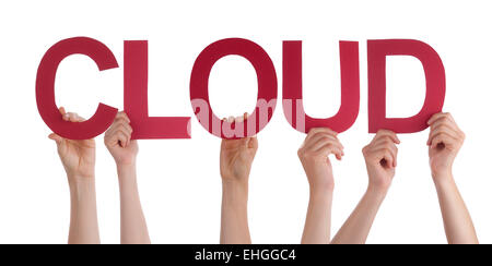 Many Caucasian People And Hands Holding Red Straight Letters Or Characters Building The Isolated English Word Cloud On White Bac Stock Photo