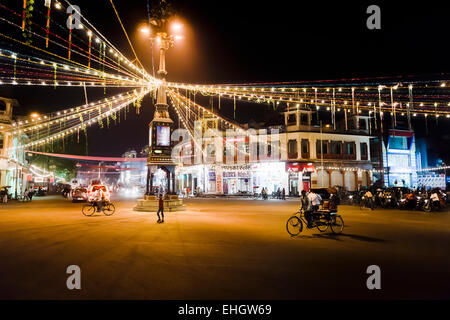 A roundabout at night decorated with lights for the Diwali festival in Jaipur. Stock Photo