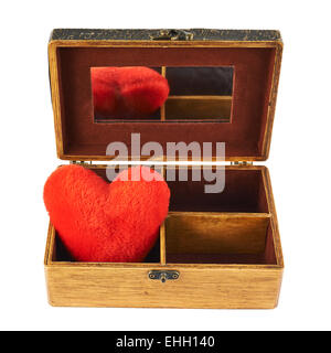 Plush heart in a wooden casket Stock Photo