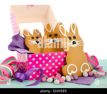 Easter bunny gingerbread cookies in pink and blue polka dot gift box. Stock Photo