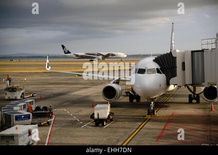 AUCKLAND, NEW ZEALAND, JANUARY 23, 2015: An Air New Zealand jet takes off from Auckland Airport Stock Photo