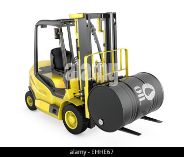 Yellow fork lift lifts oil barrel Stock Photo