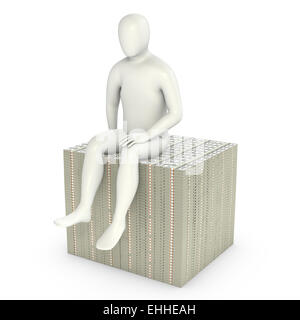 Abstract white man sits on pack of dollars Stock Photo