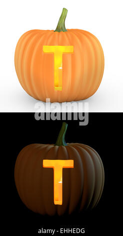 T letter carved on pumpkin jack lantern Stock Photo