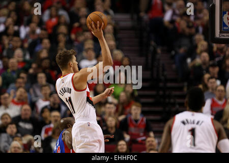 March 13, 2015 - MEYERS LEONARD (11) shoots and scores. The Portland Trail Blazers play the Detroit Pistons at the Moda Center on March 13, 2015. Credit:  David Blair/ZUMA Wire/Alamy Live News Stock Photo