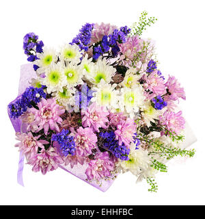 Beautiful bouquet of gerbera, carnations and other flowers in blue package isolated on white background. Stock Photo