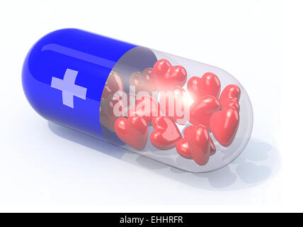 blue pill filled with hearts, isolated 3d illustration