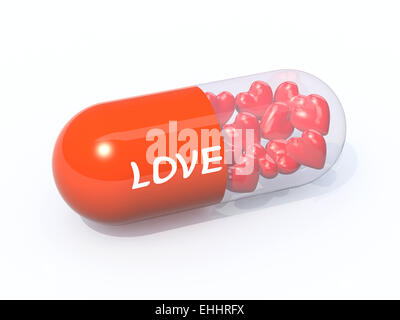 red pill with written love filled with hearts, isolated 3d illustration