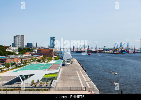 View from the top of the Dockland building in Hamburg, Germany at the Elbe River. Stock Photo