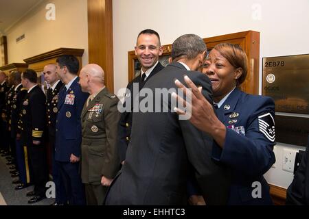 US President Barack Obama greets U.S. service members at the Pentagon October 8, 2014 in Arlington, Virginia. Stock Photo