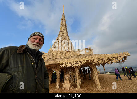 Derry Burning Man Temple opens to public, Londonderry, Northern Ireland - 14 March 2015. Californian artist David Best pictured at the opening of his 72 foot wooden Temple in Londonderry (Derry).  The artist is inviting people from Londonderry and beyond to symbolically burn their troubles away in a massive fire on Saturday 21 March. Credit:  George Sweeney/Alamy Live News Stock Photo