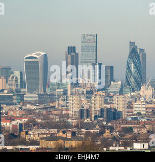 Views to the City of London including landmark skyscrapers the Walkie Talkie, The Gherkin and The Cheesegrater Stock Photo