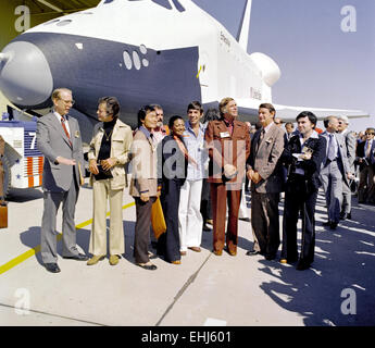 The Shuttle Enterprise with NASA officials and cast members from the 'Star Trek' television series. Stock Photo