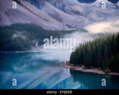 Moraine Lake with fog. Banff National Park, Canada Stock Photo