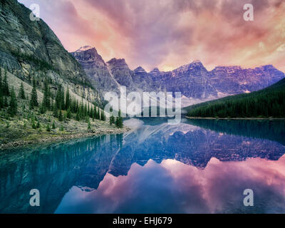 Moraine Lake with sunset clouds. Banff National Park, Canada Stock Photo