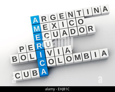 3d America concept. Crossword with letters. Isolated white background Stock Photo