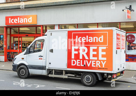 Iceland delivery van parked outside an Iceland food store in Littlehampton, West Sussex, England, UK. Stock Photo