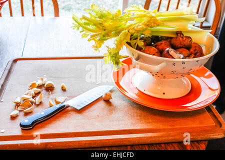 Cooking Ingredients, garlic, celery, and mushrooms Stock Photo