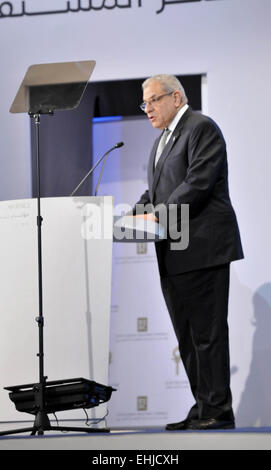 Sharm El-Sheikh, Egypt. 14 March, 2015. Egyptian Prime Minister Ibrahim Mehleb speaks during the Egypt Economic Development Conference (EEDC) in Sharm el-Sheikh, in the South Sinai governorate, south of Cairo, March 14, 2015. Gulf Arab allies pledged a further $12 billion of investments and central bank deposits for Egypt at an international summit on Friday, a big boost to President Abdel Fattah al-Sisi as he tries to reform the economy after years of political upheaval Credit:  Stringer/APA Images/ZUMA Wire/Alamy Live News Stock Photo