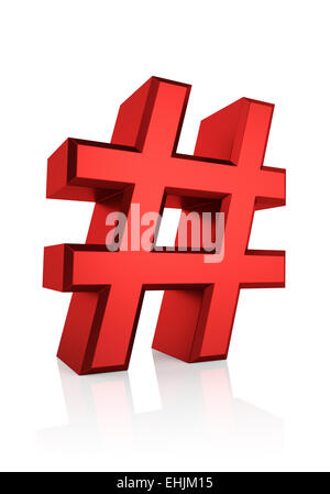 Red hash sign isolated on white background. 3d render Stock Photo