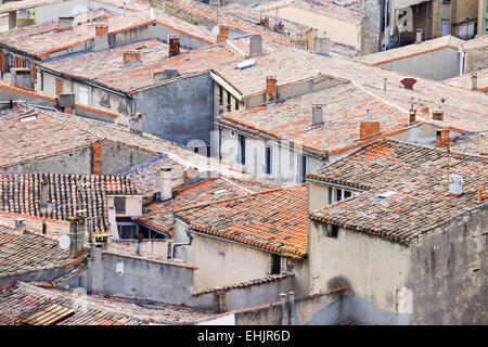 View from the battlements of Carcassonne fortified medieval town on the rooftops of lower town, France, Europe Stock Photo