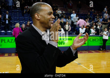 March 14, 2015: Harvard Crimson head coach Tommy Amaker looks on following the NCAA basketball game between the Yale Bulldogs and the Harvard Crimson at the Palestra in Philadelphia, Pennsylvania. The Harvard Crimson won 53-51 to win the Ivy League Playoff game. Stock Photo