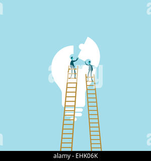 Vector illustration of two people composing a light bulb puzzle. Stock Photo