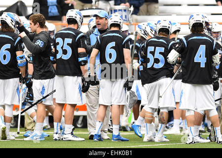 Syracuse, New York, USA. 14th Mar, 2015. Johns Hopkins Blue Jays head coach Dave Pietramala talks with his players prior to an NCAA men's lacrosse game between the Johns Hopkins Blue Jays and the Syracuse Orange at the Carrier Dome in Syracuse, New York. Syracuse defeated Johns Hopkins 13-10. Rich Barnes/CSM/Alamy Live News Stock Photo