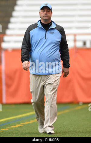 Syracuse, New York, USA. 14th Mar, 2015. Johns Hopkins Blue Jays head coach Dave Pietramala walks on the field prior to an NCAA men's lacrosse game between the Johns Hopkins Blue Jays and the Syracuse Orange at the Carrier Dome in Syracuse, New York. Syracuse defeated Johns Hopkins 13-10. Rich Barnes/CSM/Alamy Live News Stock Photo