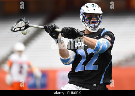 Syracuse, New York, USA. 14th Mar, 2015. Johns Hopkins Blue Jays midfielder Phil Castronova (22) looks to pass the ball during a NCAA men's lacrosse game between the Johns Hopkins Blue Jays and the Syracuse Orange at the Carrier Dome in Syracuse, New York. Syracuse defeated Johns Hopkins 13-10. Rich Barnes/CSM/Alamy Live News Stock Photo