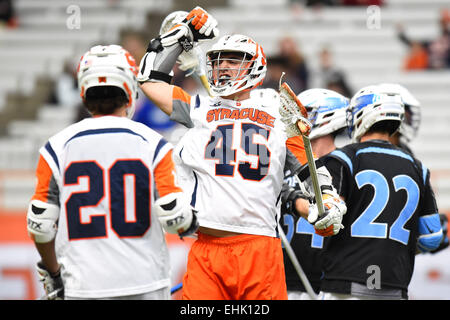 Syracuse, New York, USA. 14th Mar, 2015. Syracuse Orange attackman Randy Staats (45) reacts following a goal during a NCAA men's lacrosse game between the Johns Hopkins Blue Jays and the Syracuse Orange at the Carrier Dome in Syracuse, New York. Syracuse defeated Johns Hopkins 13-10. Rich Barnes/CSM/Alamy Live News Stock Photo