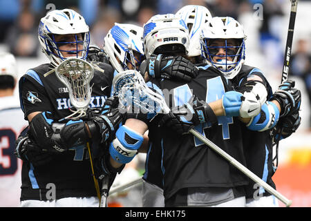 Syracuse, New York, USA. 14th Mar, 2015. Johns Hopkins Blue Jays players celebrate a goal during a NCAA men's lacrosse game between the Johns Hopkins Blue Jays and the Syracuse Orange at the Carrier Dome in Syracuse, New York. Syracuse defeated Johns Hopkins 13-10. Rich Barnes/CSM/Alamy Live News Stock Photo