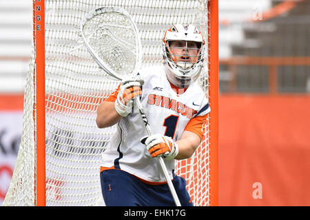 Syracuse, New York, USA. 14th Mar, 2015. Syracuse Orange goalie Bobby Wardwell (1) looks on during a NCAA men's lacrosse game between the Johns Hopkins Blue Jays and the Syracuse Orange at the Carrier Dome in Syracuse, New York. Syracuse defeated Johns Hopkins 13-10. Rich Barnes/CSM/Alamy Live News Stock Photo