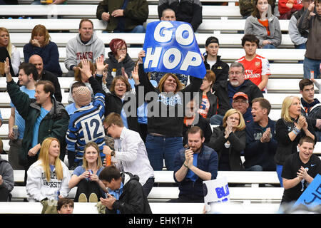 Syracuse, New York, USA. 14th Mar, 2015. Johns Hopkins Blue Jays fans celebrate a goal during a NCAA men's lacrosse game between the Johns Hopkins Blue Jays and the Syracuse Orange at the Carrier Dome in Syracuse, New York. Syracuse defeated Johns Hopkins 13-10. Rich Barnes/CSM/Alamy Live News Stock Photo