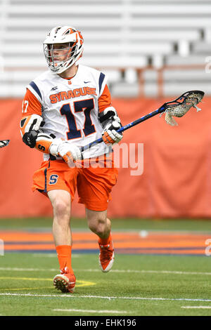 Syracuse, New York, USA. 14th Mar, 2015. Syracuse Orange attackman Dylan Donahue (17) controls the ball during a NCAA men's lacrosse game between the Johns Hopkins Blue Jays and the Syracuse Orange at the Carrier Dome in Syracuse, New York. Syracuse defeated Johns Hopkins 13-10. Rich Barnes/CSM/Alamy Live News Stock Photo
