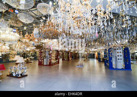 Many beautiful chandeliers light  store Stock Photo