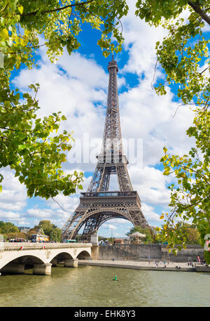 The Eiffel tower in Paris, France. Seen from the other side of the Seine river Stock Photo