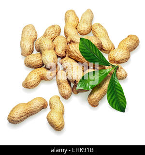 Pile of dry roasted peanuts with green leaves isolated on white background. Closeup. Stock Photo