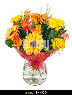 Beautiful bouquet of gerbera, roses and other flowers in glass vase isolated on white background. Stock Photo