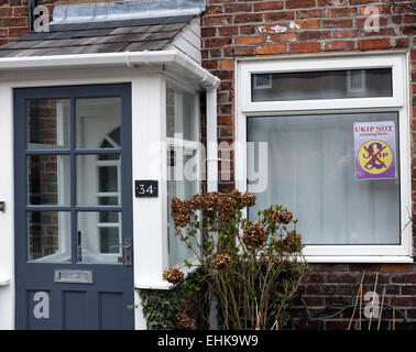 Manchester, UK  15th March 2015 A house in Didsbury, South Manchester has small poster in the front windows indicating that UKIP will not be supported. The ward is currently held by LibDem, with a small majority over Labbour, which lost the seat in 2010, Anti UKIP Notice  Manchester, UK Stock Photo