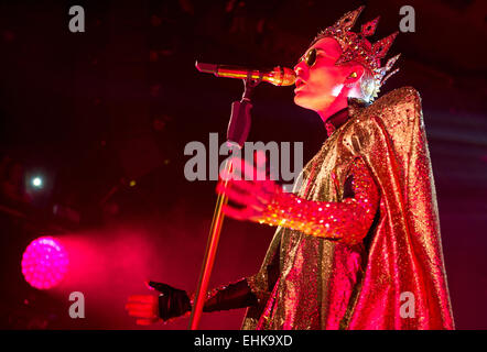 Frankfurt, Germany. 14th Mar, 2015. The member of the German band 'Tokio Hotel', Bill Kaulitz performs on stage during their 'Feel it All - World Tour 2015' at the 'Bison' concert venue in Frankfurt, Germany, 14 March 2015. Photo: Christoph Schmidt/dpa/Alamy Live News Stock Photo