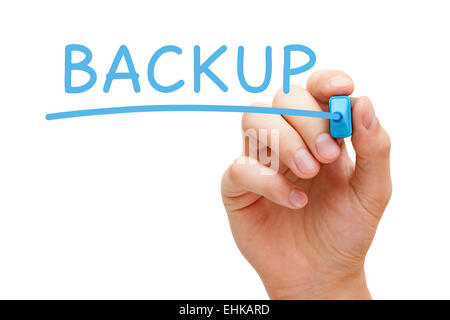 Hand writing Backup with blue marker on transparent wipe board isolated on white. Stock Photo