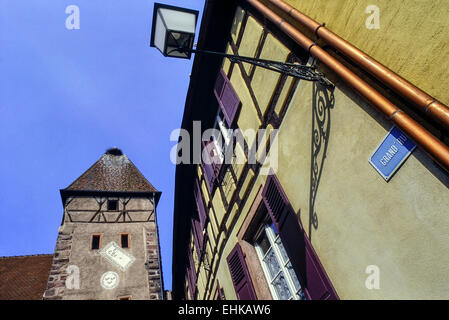 Sundial on the Obertor old gate tower, Grand'Rue.  Ammerschwihr. Alsace. France Stock Photo