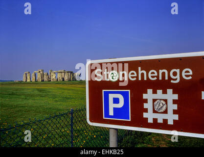 Tourist signpost and car parking at Stonehenge. Wiltshire, England,