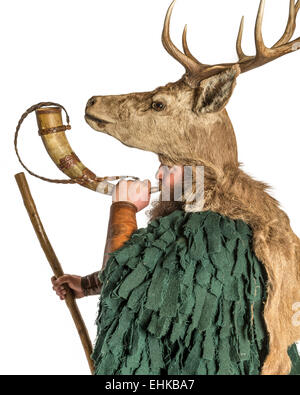 Man in costume wearing a stag headdress at the Jack in the Green Festival. Hastings. East Sussex. England. UK Stock Photo