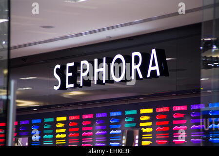 Detail of the Sephora store in Sydney, Australia. It is a French brand and chain of cosmet Stock Photo