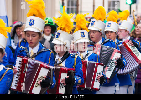 London, March 15th 2015. Hundreds of London's Irish community as well as South and central Americans, Scots and English people of all ages participare in the annual St Patric's Day Procession through the capital to Trafalgar Square. Stock Photo