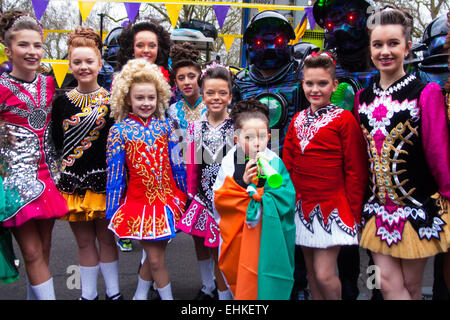 London, March 15th 2015. Hundreds of London's Irish community as well as South and central Americans, Scots and English people of all ages participare in the annual St Patric's Day Procession through the capital to Trafalgar Square. Stock Photo