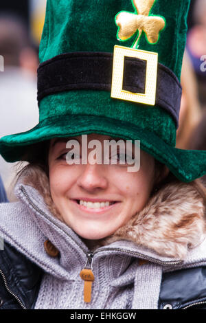 London, March 15th 2015. Hundreds of London's Irish community as well as South and central Americans, Scots and English people of all ages participare in the annual St Patric's Day Procession through the capital to Trafalgar Square. Stock Photo