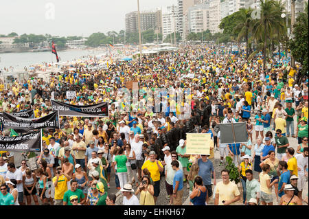 Protesters carry banners, Rio de Janeiro, Brazil, 15th March 2015. Demonstration against President Dilma Rousseff.